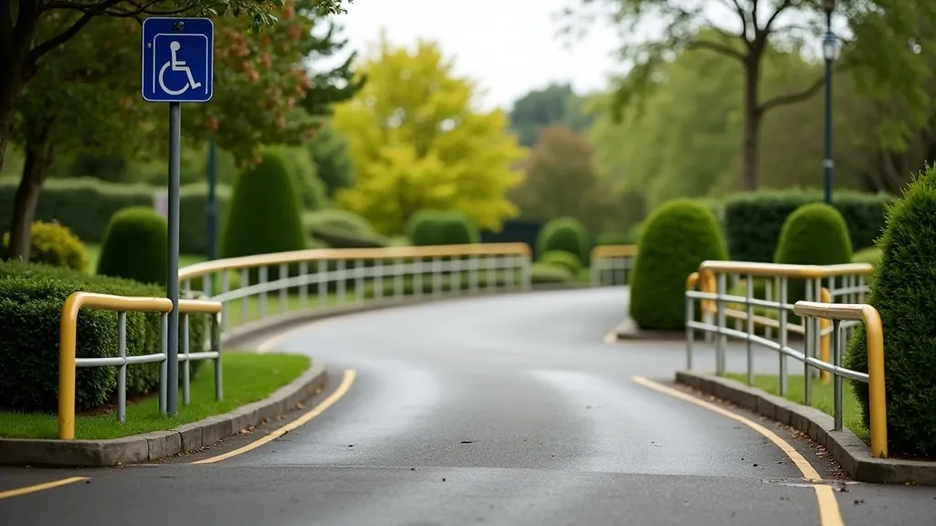 Accessible parking area with marked spaces, clear access paths, and proximity to garden entrance