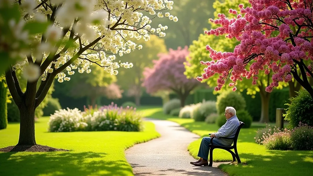 Spring garden in full bloom with pink and white flowering shrubs, rhododendrons and magnolias creating a colorful display