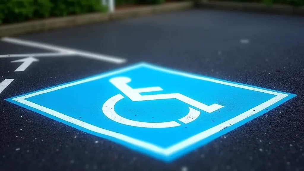 Blue disability parking sign on white marked parking space, clear signage, professional car park surface, daylight, well-maintained appearance