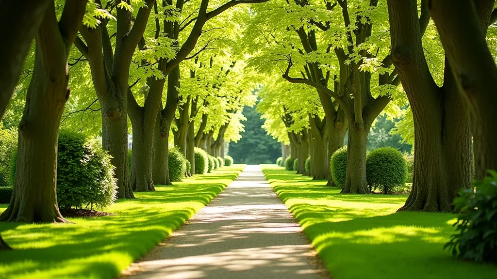 Beautiful garden pathway with flowering plants and shade trees