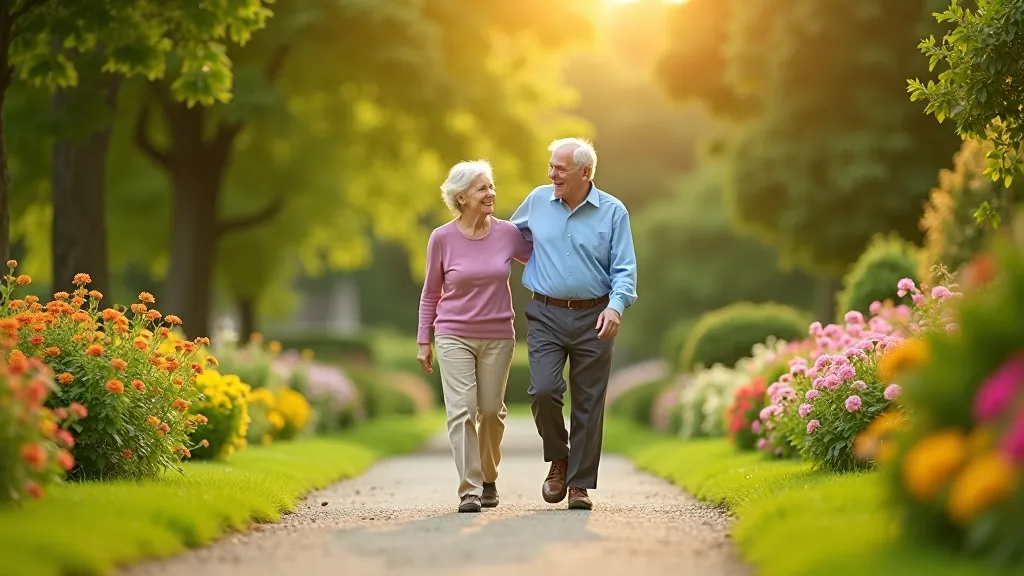 Older visitors enjoying a leisurely walk through estate gardens