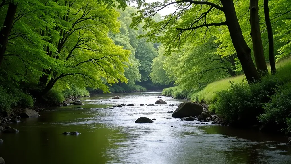 River Avoca winding through mature woodland, sunlight filtering through canopy onto the water below, peaceful natural setting