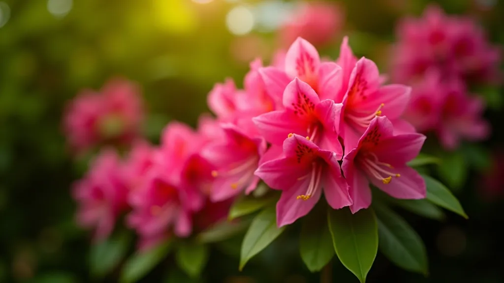 Close-up of vibrant pink rhododendron blooms with glossy green foliage, morning sunlight highlighting delicate petals, shallow depth of field