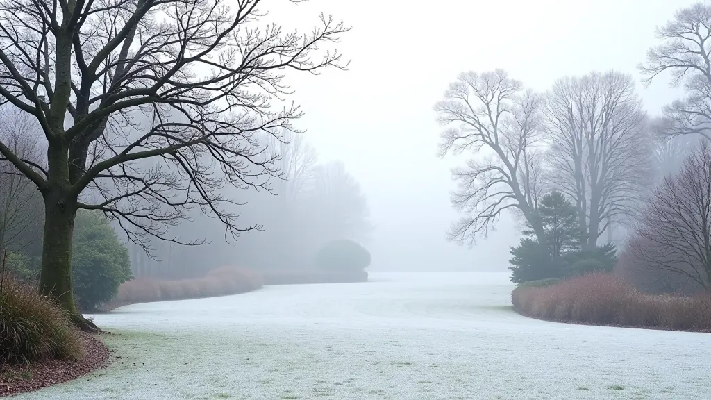 Winter garden landscape with bare tree branches silhouetted against pale sky, frost on ground, peaceful minimalist composition