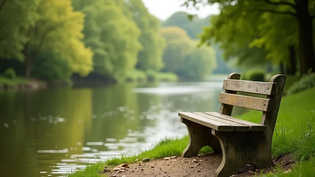 Wooden bench on riverside path overlooking water, trees reflected in calm river surface, peaceful resting spot for walkers